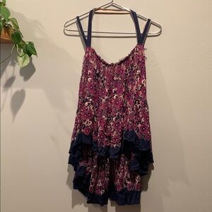 Free People FP ONE Floral Print Halter Tank Top Fuscia and Blue Flowy Boho Top